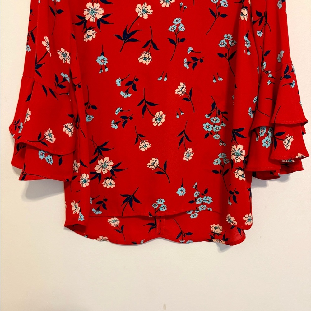 2/$15 Krazy Kat - Red Floral Blouse with 3/4 Bell Sleeves | Size S - Picture 5 of 8
